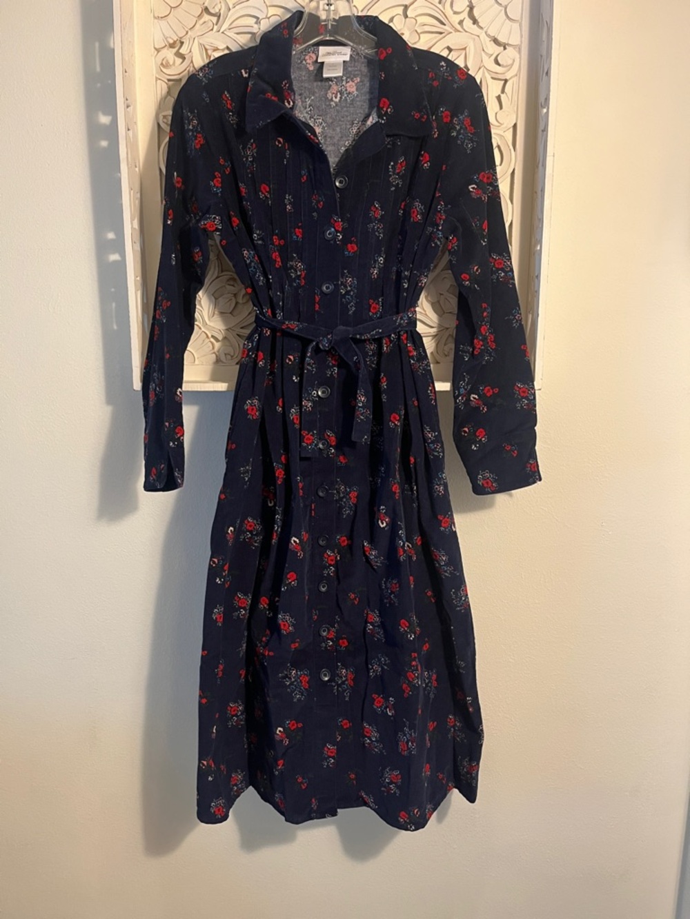 Navy Floral Button-Down Corduroy Dress with Self-Tie Belt and Pockets